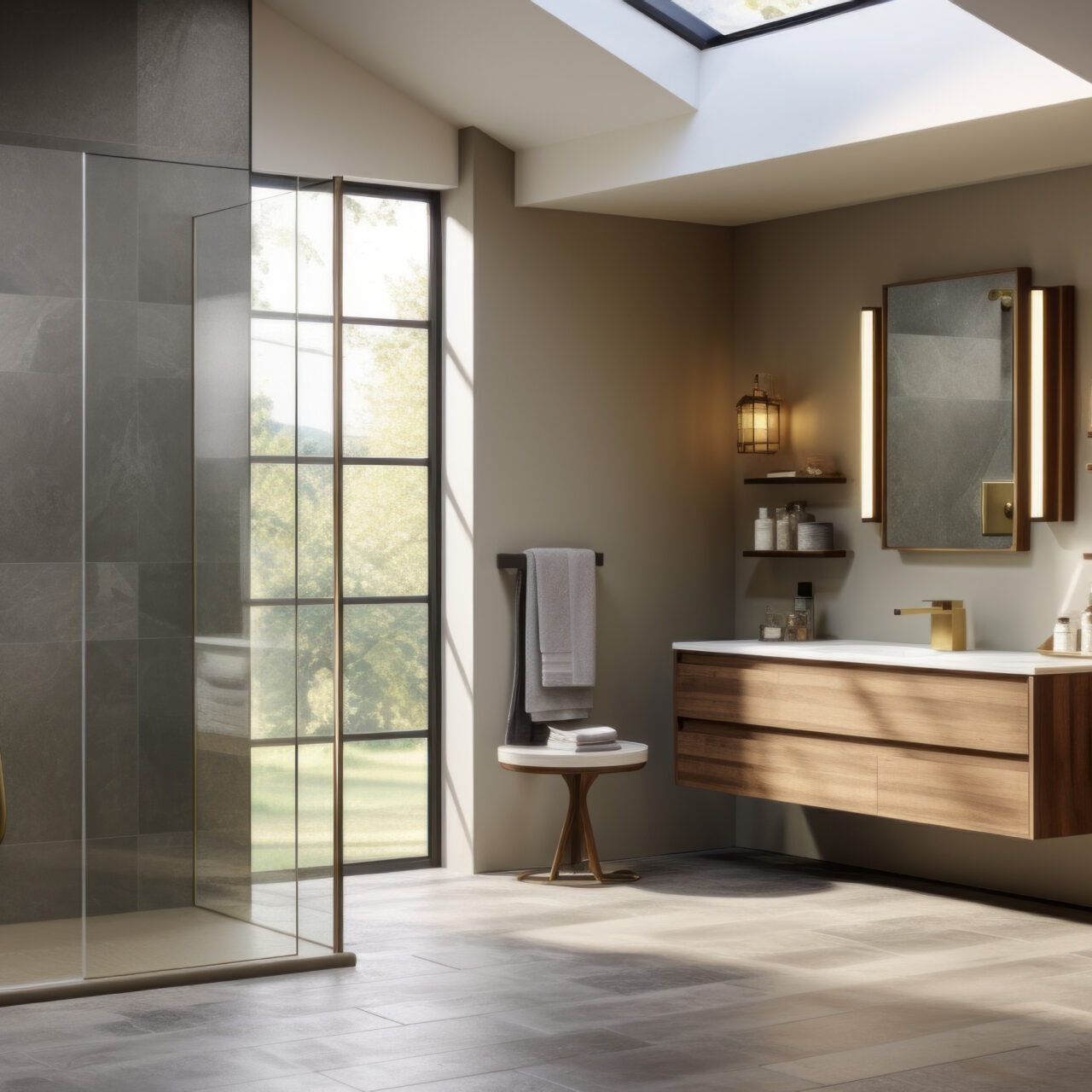 Bathroom with a walk-in shower and a double vanity and floating shelves