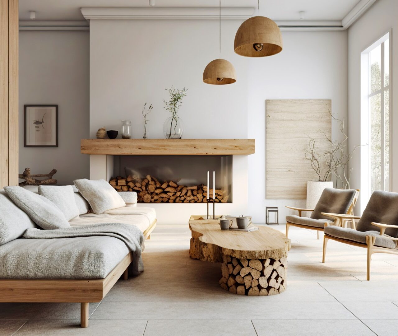 Fireplace and wooden logs coffee table near gray fabric sofa. Interior design of modern scandinavian living room. Created with generative AI technology.