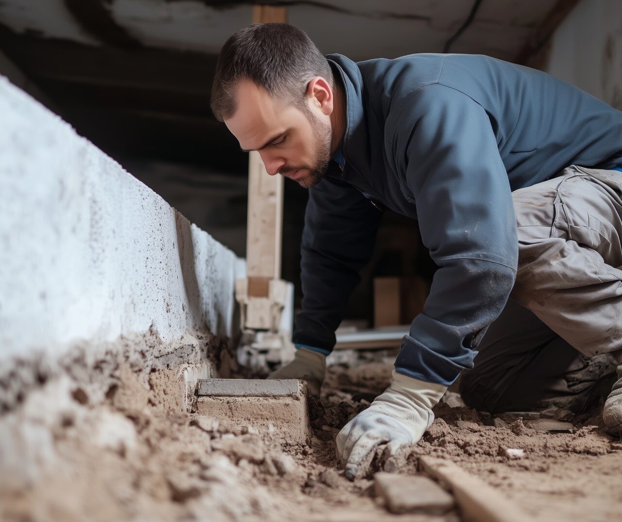 A man in work gloves actively digs and lays bricks in a basement, focusing on foundation repair amidst dusty surroundings. The activity takes place in a residential structure.